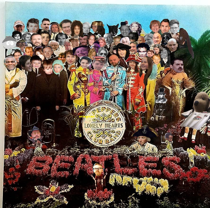 A iconic album cover featuring famous influences throughout history.