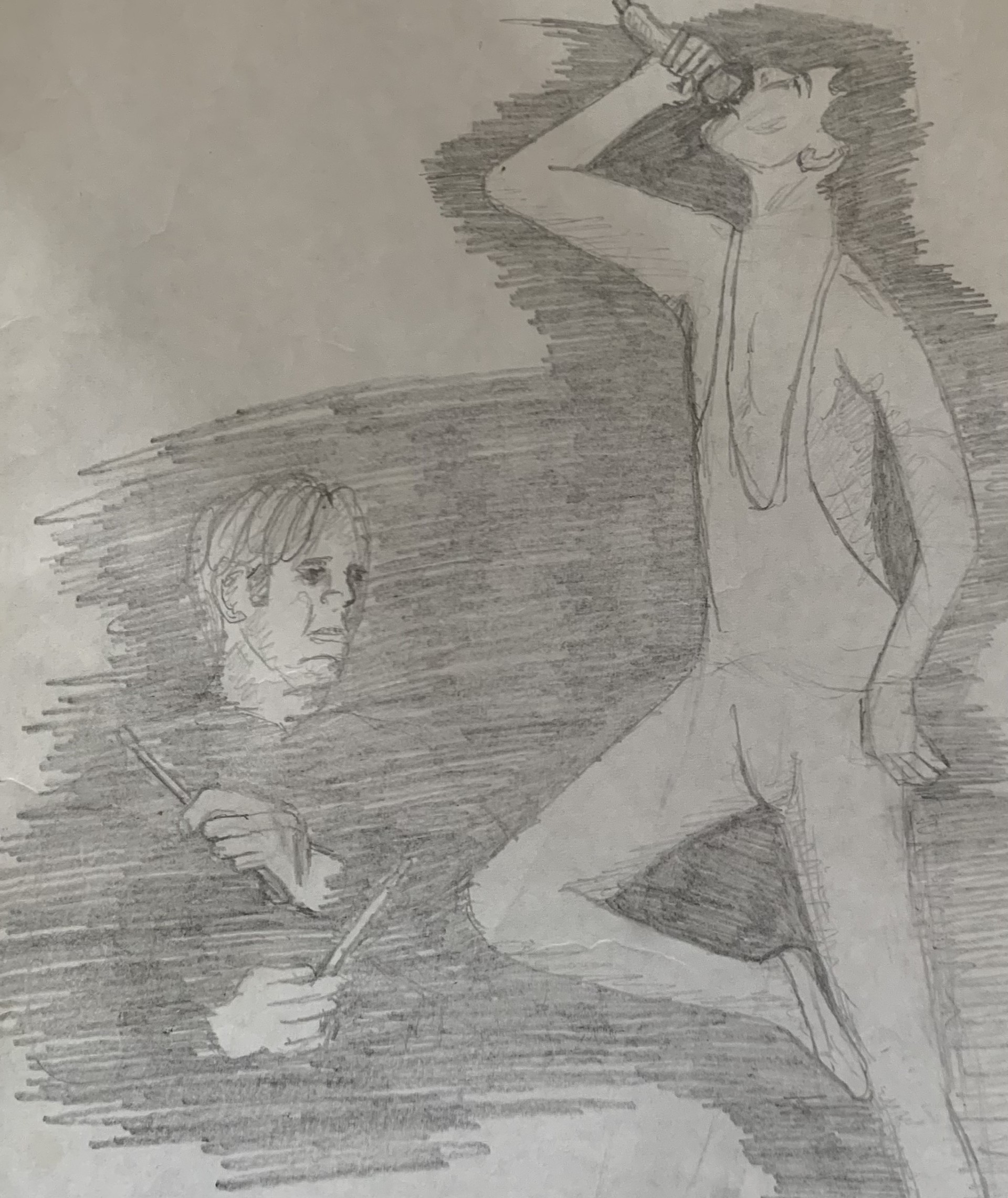 Pencil on paper sketch depicting two people, one sitting one standing.