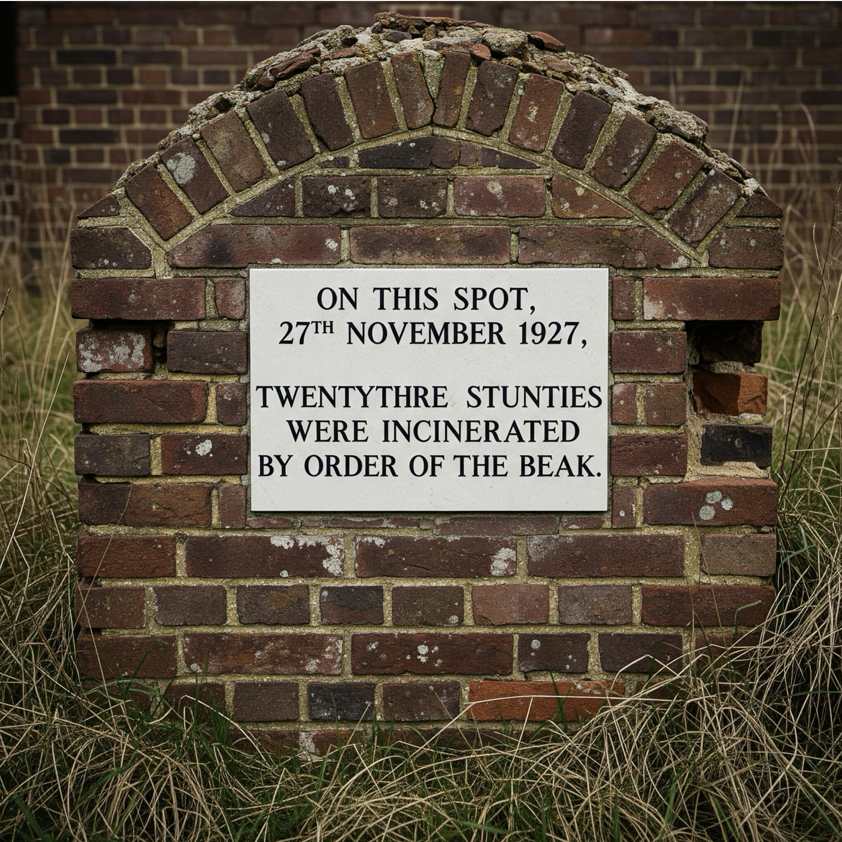 A picture of the dwarf memorial - ON THIS SPOT,  27TH NOVEMBER 1927, TWENTYTHRE STUNTIES WERE INCINERATED BY ORDER OF THE BEAK.
